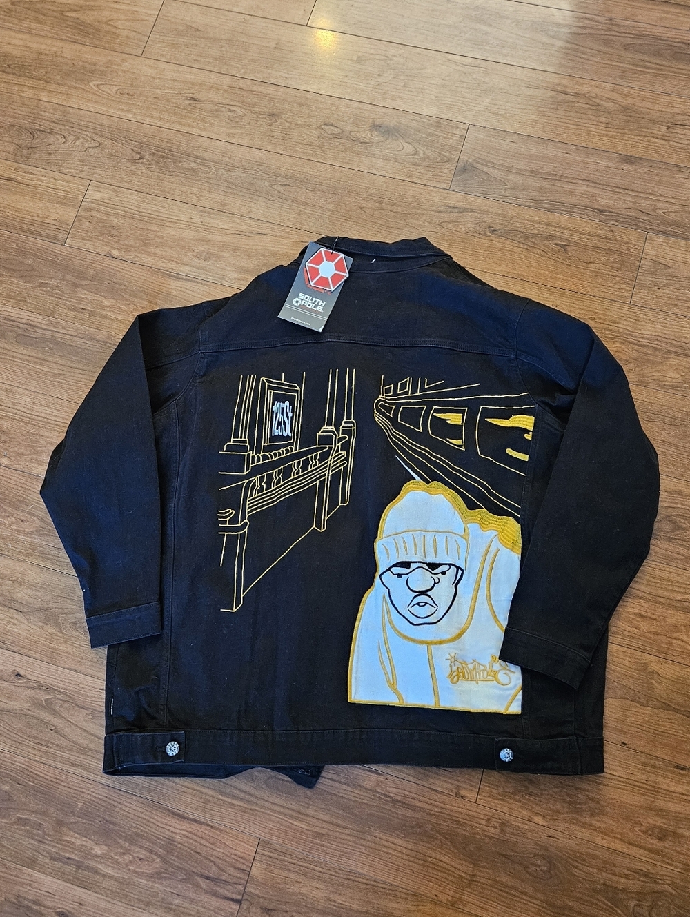 South Pole Black Denim Jacket with Yellow & Light Blue Street Art Panel
